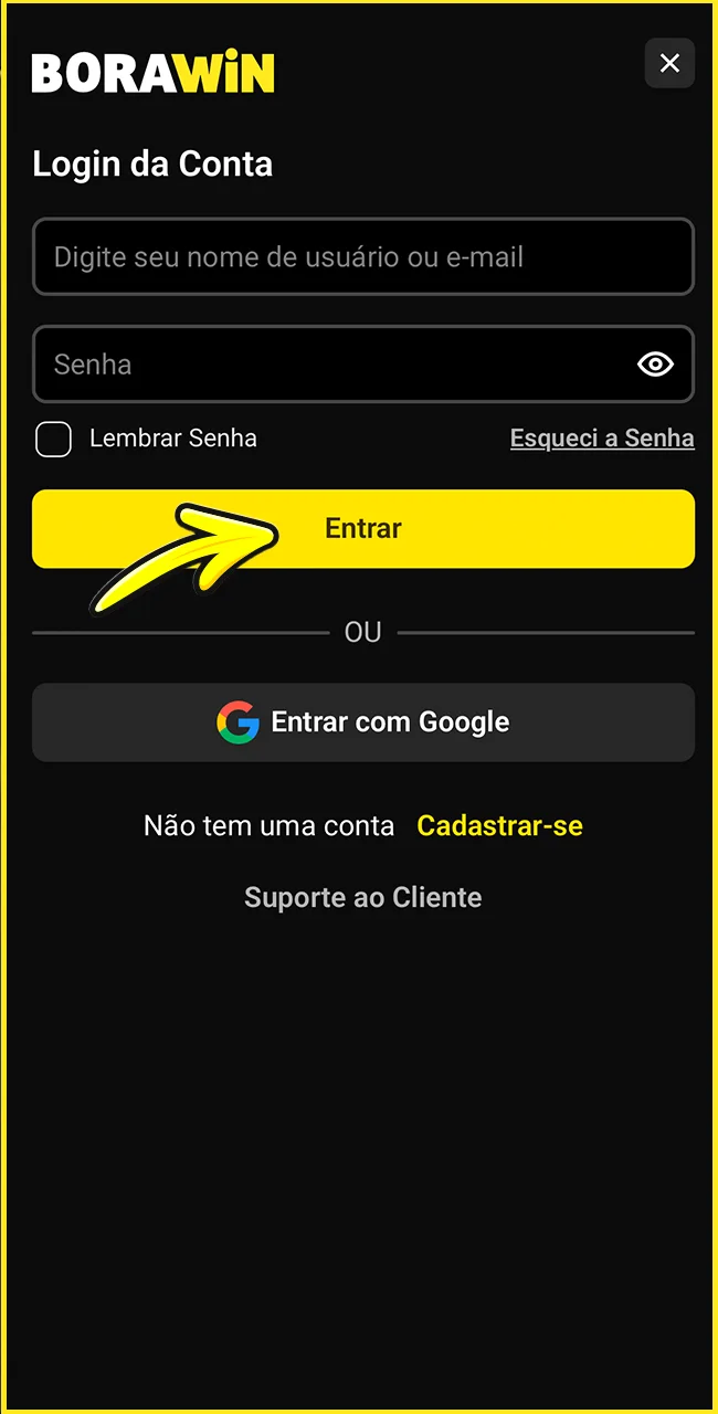 Acesse sua conta no site oficial da BoraWin.