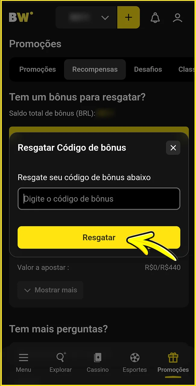 Digite o código promocional no site oficial BoraWin.
