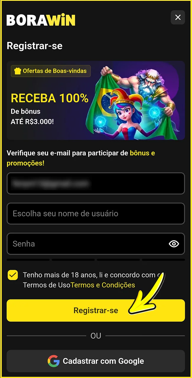 Conclua o seu perfil no site oficial BoraWin.