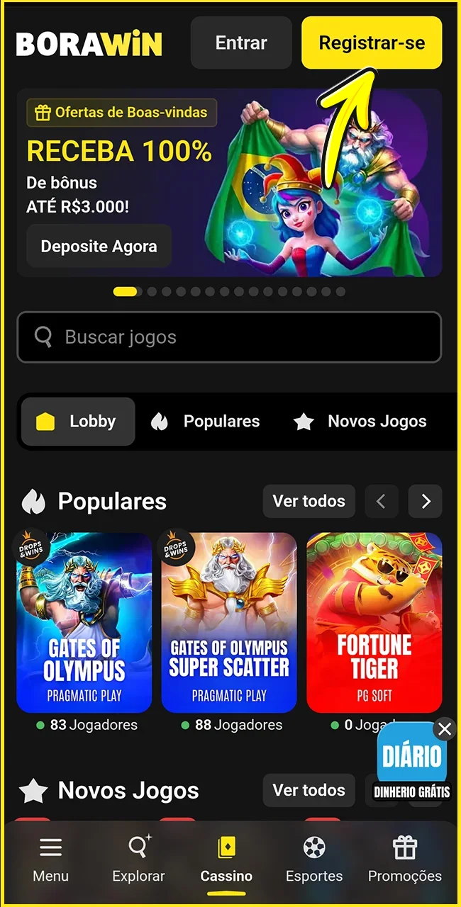Clique em registo no site oficial da BoraWin.