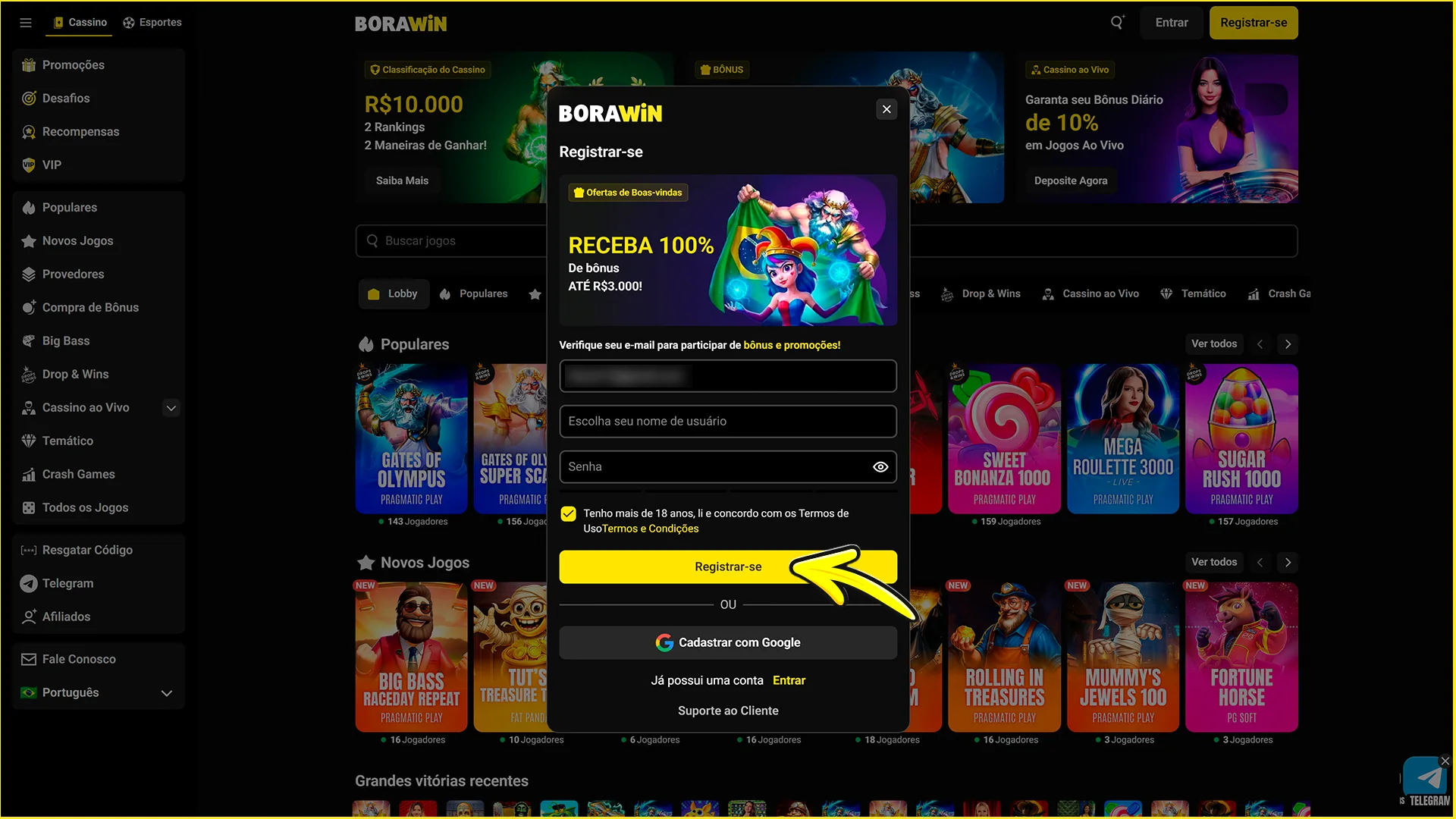 Finalize o registro no site oficial da BoraWin.