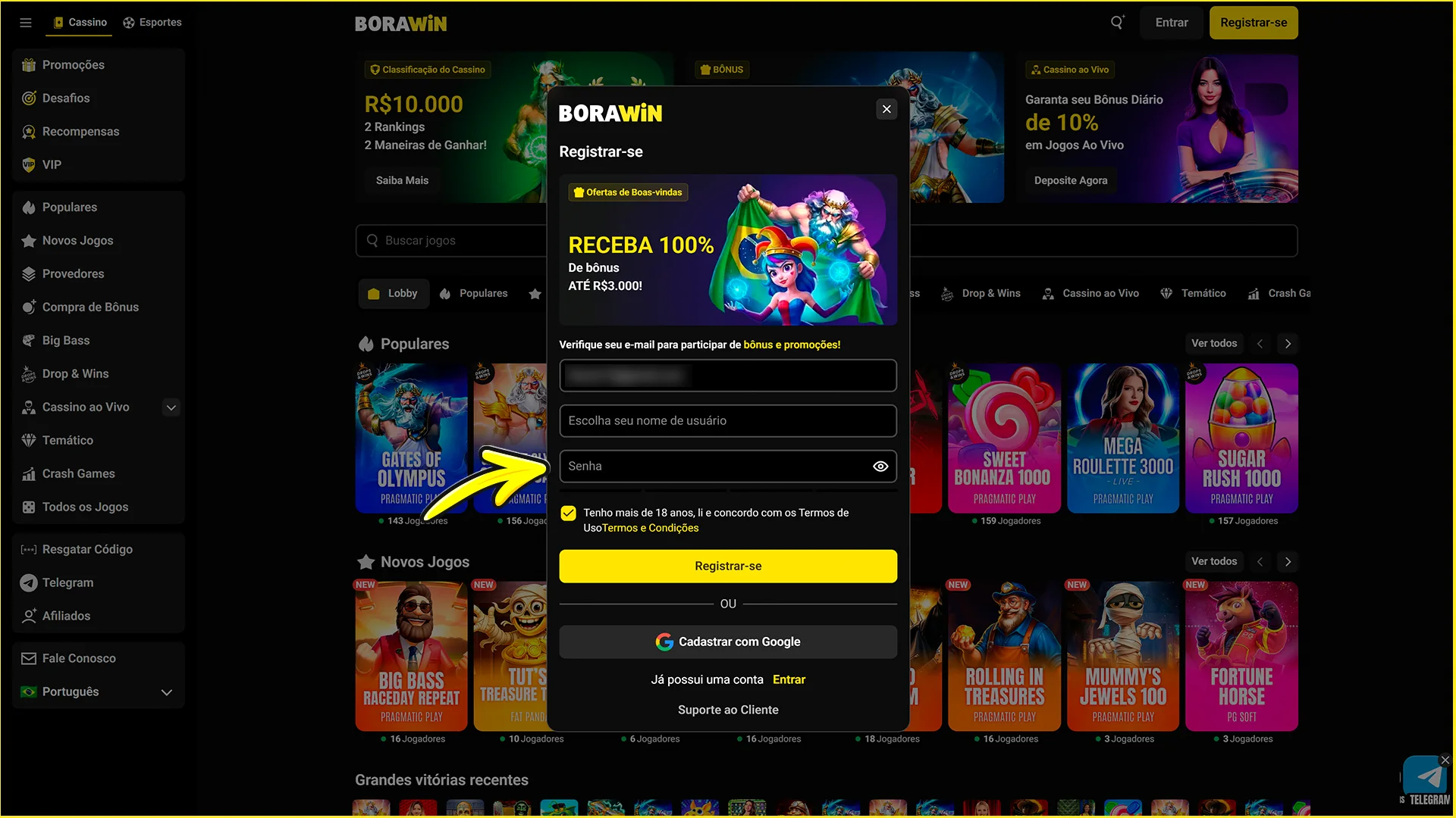 Defina sua senha no site oficial da BoraWin.