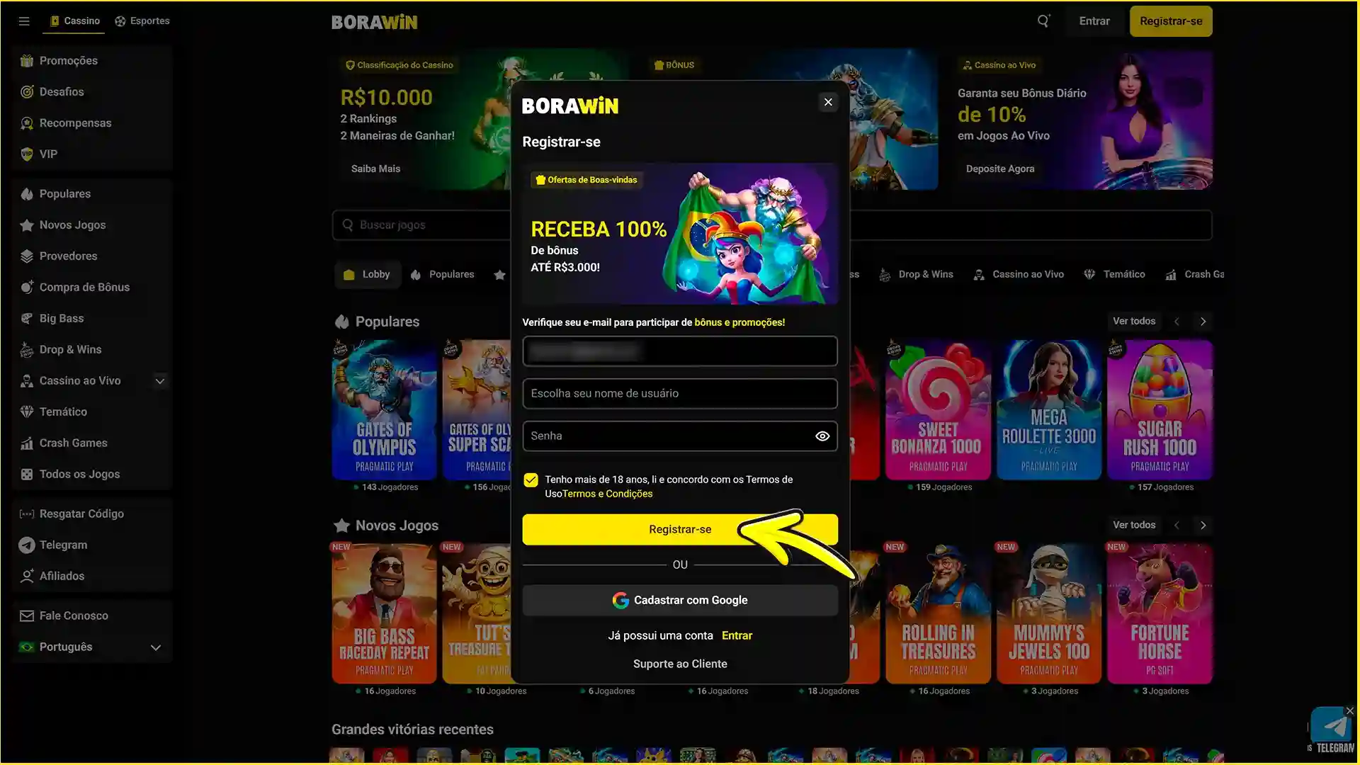 Finalize o registro no site oficial da BoraWin.