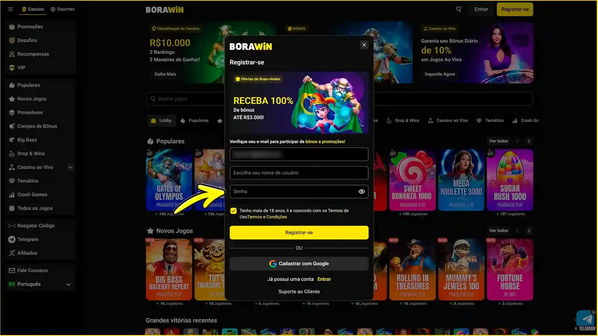Defina sua senha no site oficial da BoraWin.
