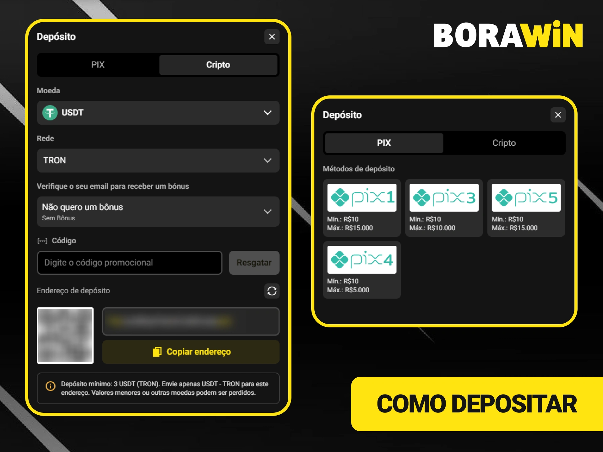 Escolha um método de pagamento e aprenda como depositar na BoraWin.